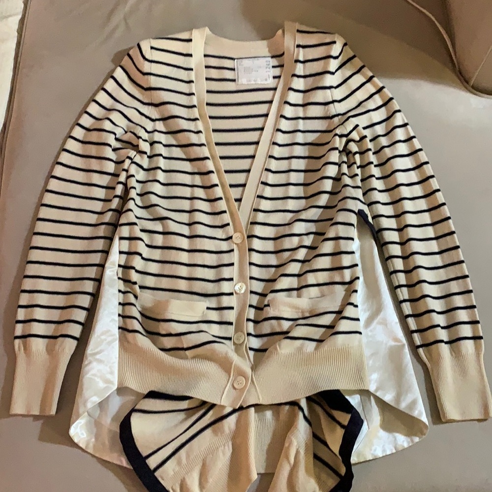 Striped Cream and Black V-Neck Cardigan Sweater
